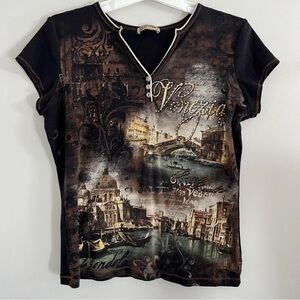Vintage Y2K Blue Canyon Venice, Italy McBling Graphic Print Cotton T-Shirt XL